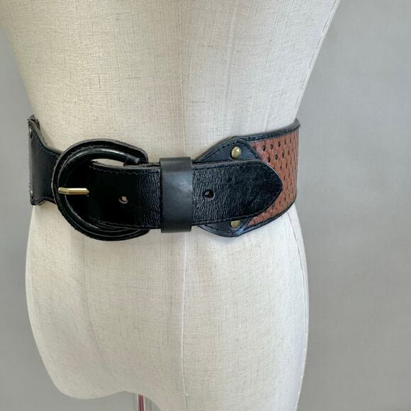 Justin Boots basketweave tooled leather western belt size 42 gold tone buckle - Picture 14 of 14